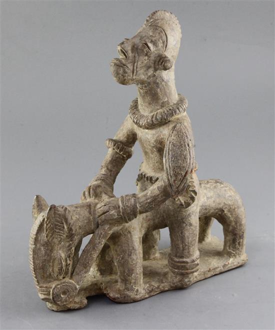 A Sao People of Lake Chad area terracotta figure of a man riding a horse, 28cm